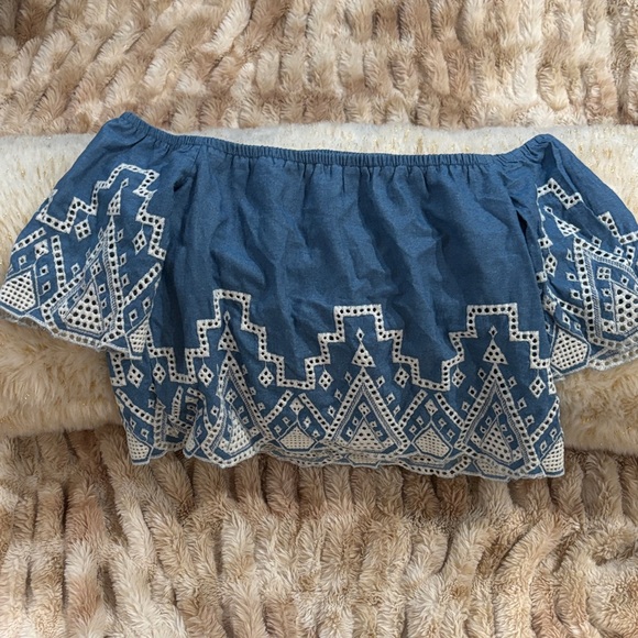 Blue and White Off-Shoulder Top - Picture 1 of 2
